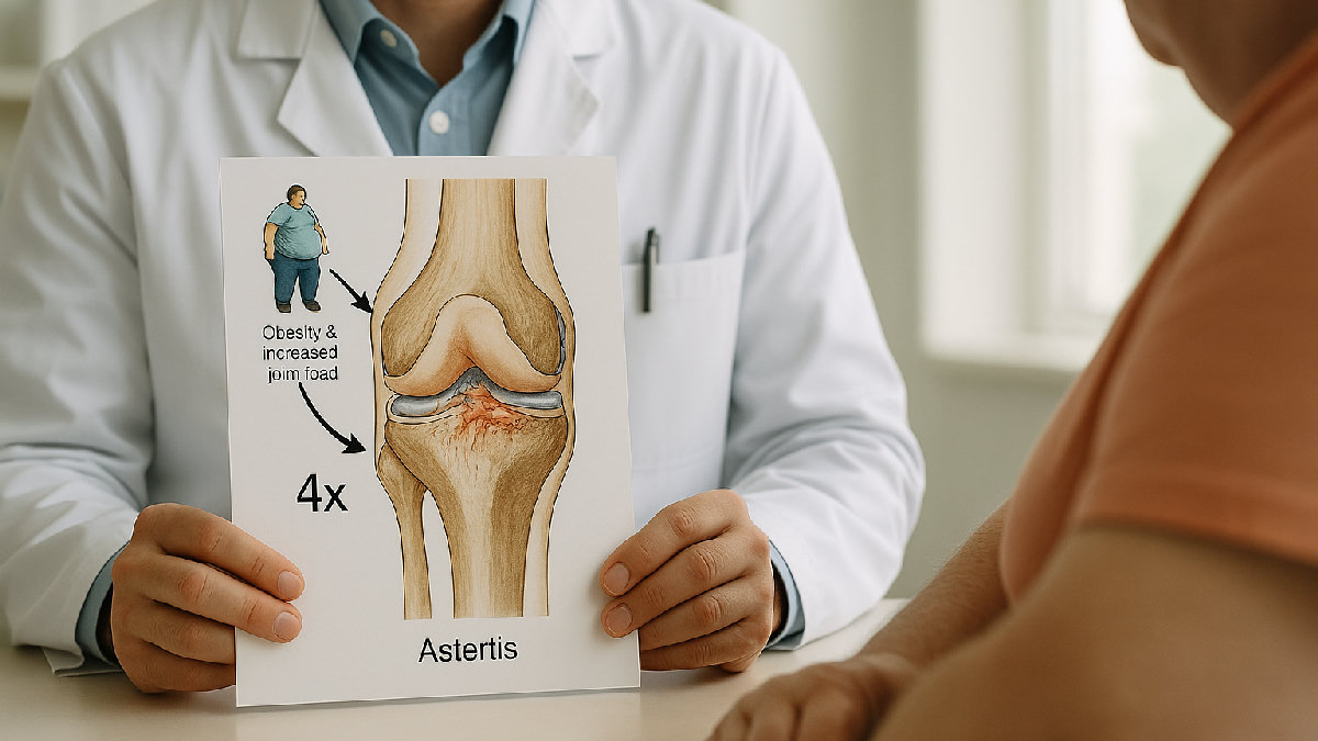 Illustrazione anatomica del ginocchio con artrosi causata da obesit&agrave; e sovraccarico articolare