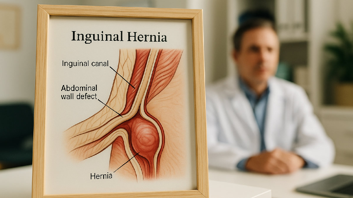 Ernia inguinale – quando operare e quando attendere Illustrazione anatomica dell'ernia inguinale con indicazione del canale inguinale e del difetto di parete addominale