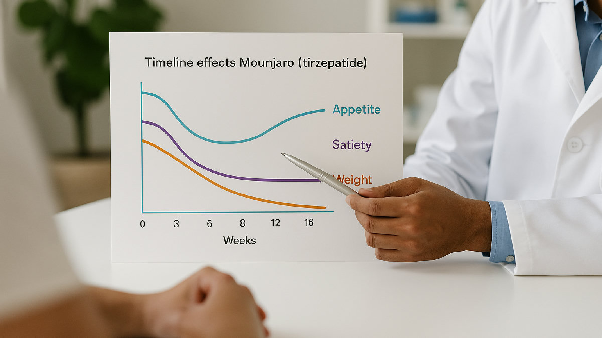 Diagramma timeline effetti Mounjaro tirzepatide settimana per settimana sulla perdita di peso e sazietà
