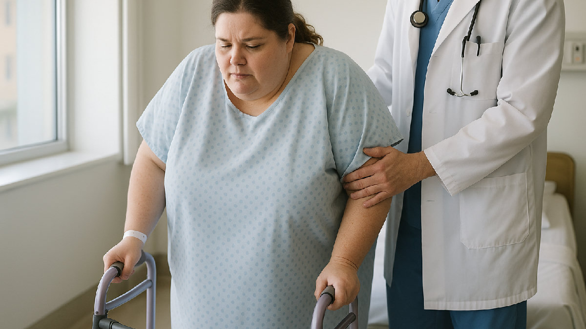 Ricovero chirurgia bariatrica – degenza e recupero post-operatorio Paziente in fase di mobilizzazione precoce dopo ricovero per chirurgia bariatrica sleeve o bypass gastrico