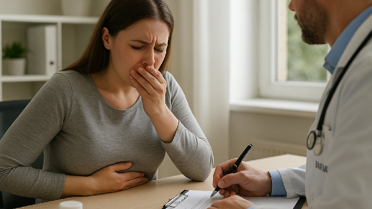 Vomito dopo sleeve gastrectomy – cause e segnali di allarme Paziente con nausea dopo sleeve gastrectomy che consulta il medico bariatrico