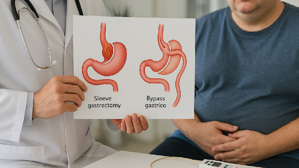 Illustrazione medica che confronta sleeve gastrectomy e bypass gastrico in paziente con reflusso gastroesofageo GERD
