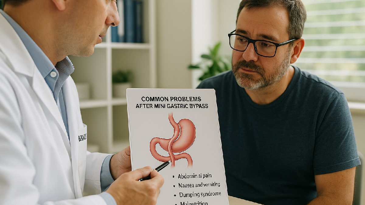 Mini bypass gastrico – problemi comuni e come risolverli Chirurgo bariatrico che spiega i problemi comuni dopo mini bypass gastrico a un paziente