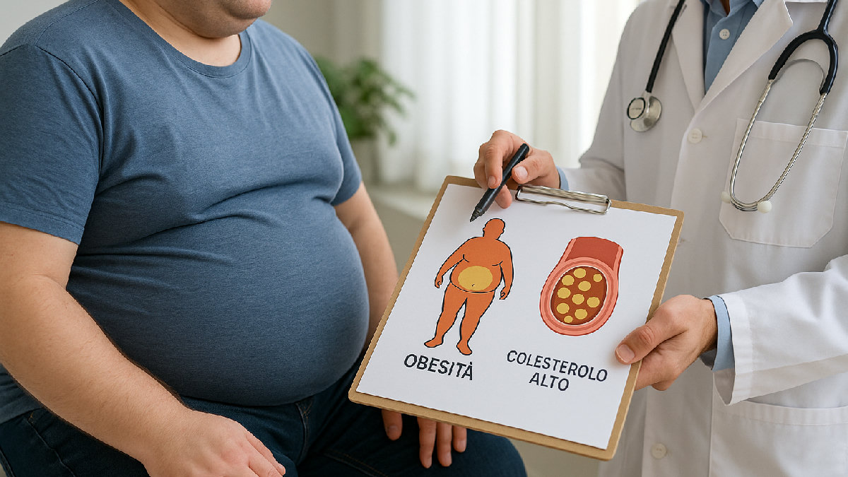 Obesità e colesterolo alto – il ruolo del grasso viscerale su LDL, HDL e trigliceridi Rappresentazione del legame tra obesità e colesterolo alto con grasso viscerale e profilo lipidico alterato
