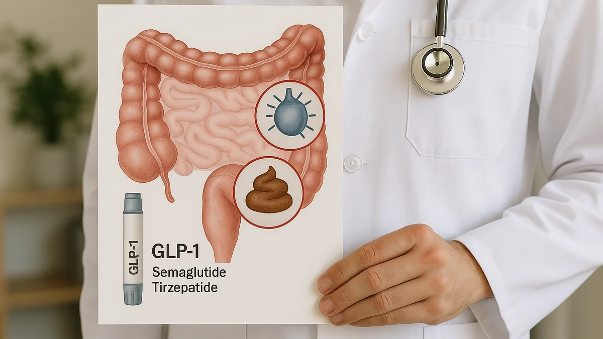Illustrazione medica dell'intestino con indicatori di stitichezza e gonfiore durante terapia GLP-1 con semaglutide o tirzepatide